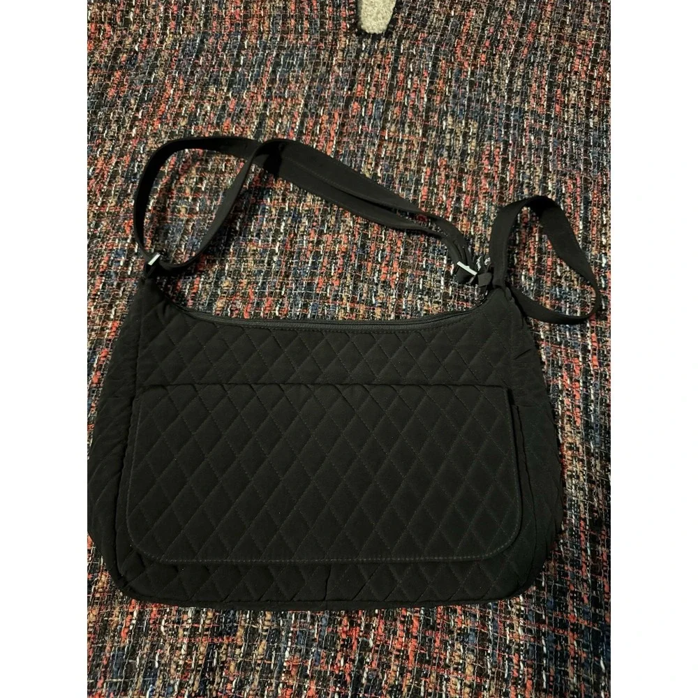 Vera Bradley Black Quilted Microfiber Crossbody Messenger Bag Floral Rose Lining